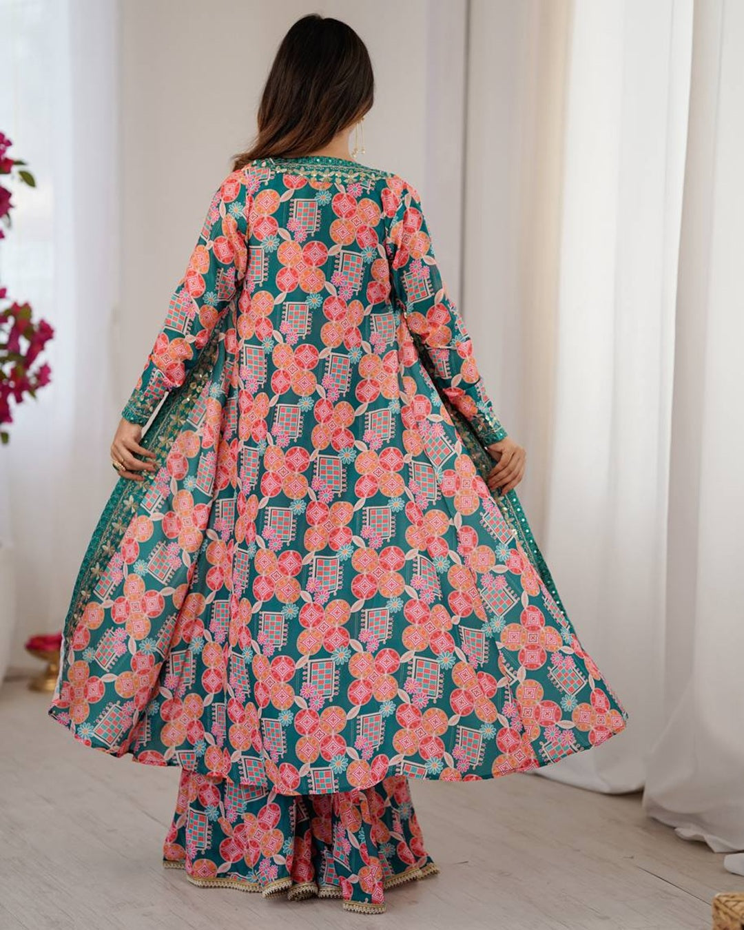 Elegant Rama Indo Western Muslin Dress with Digital Print & Sequin Work