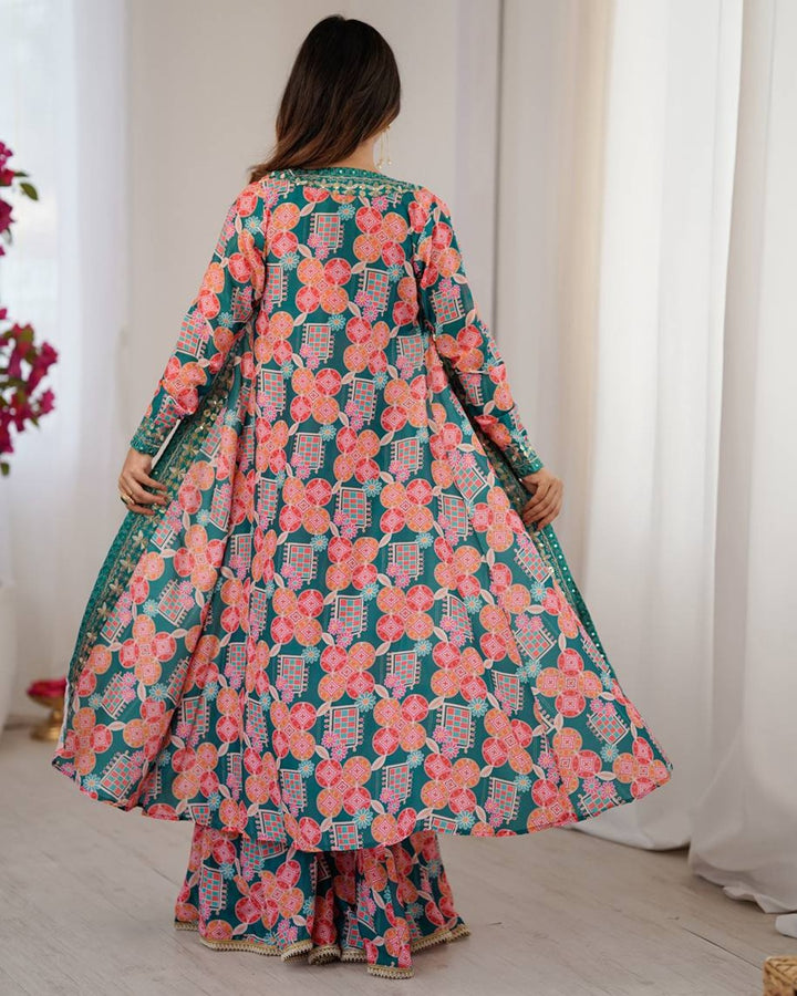 Elegant Rama Indo Western Muslin Dress with Digital Print & Sequin Work