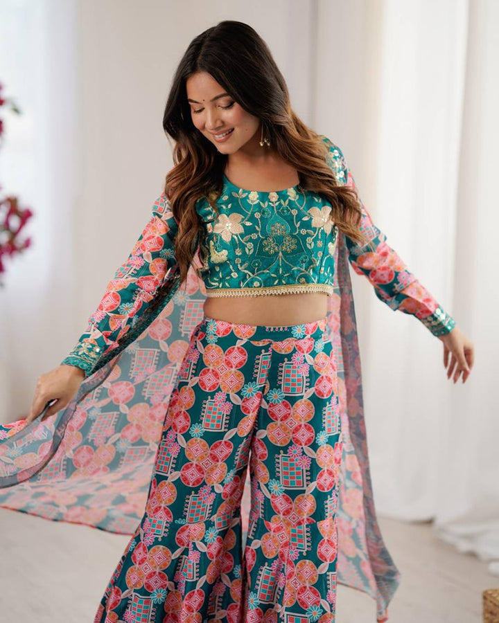 Elegant Rama Indo Western Muslin Dress with Digital Print & Sequin Work
