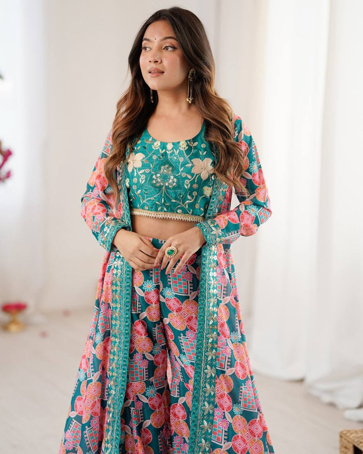 Elegant Rama Indo Western Muslin Dress with Digital Print & Sequin Work