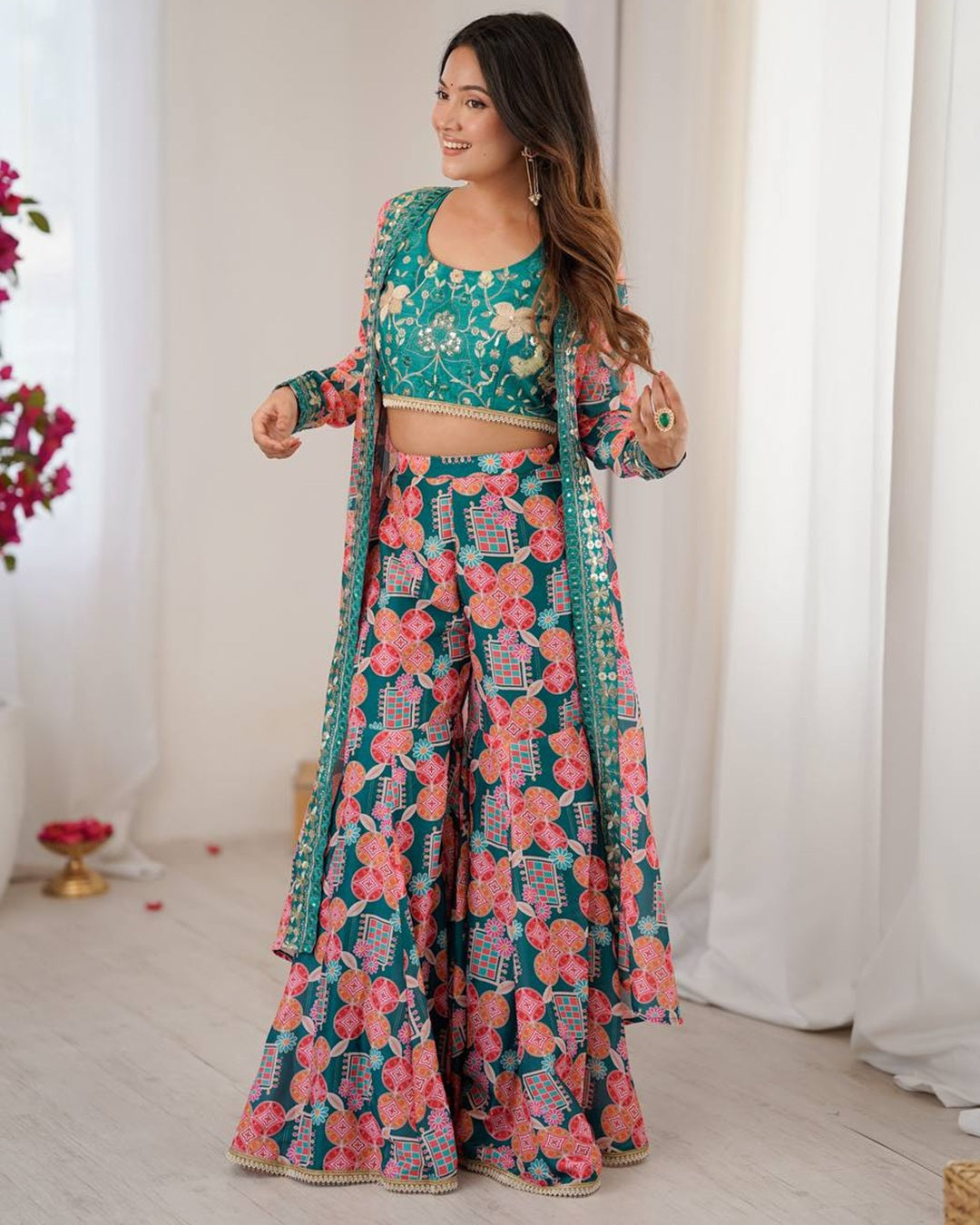 Elegant Rama Indo Western Muslin Dress with Digital Print & Sequin Work