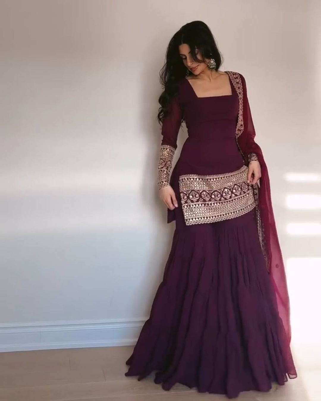 Wine Dazzle 3-Layer Ruffle Sharara Set