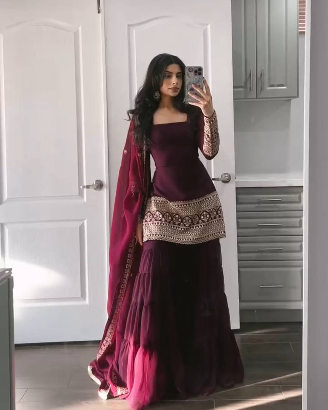 Wine Dazzle 3-Layer Ruffle Sharara Set