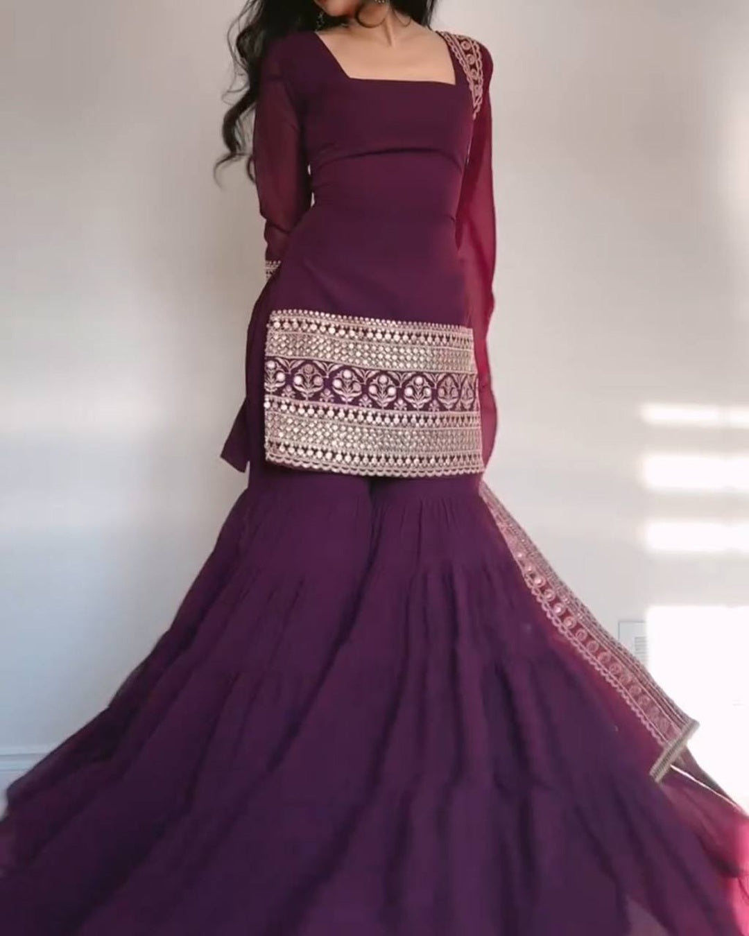 Wine Dazzle 3-Layer Ruffle Sharara Set