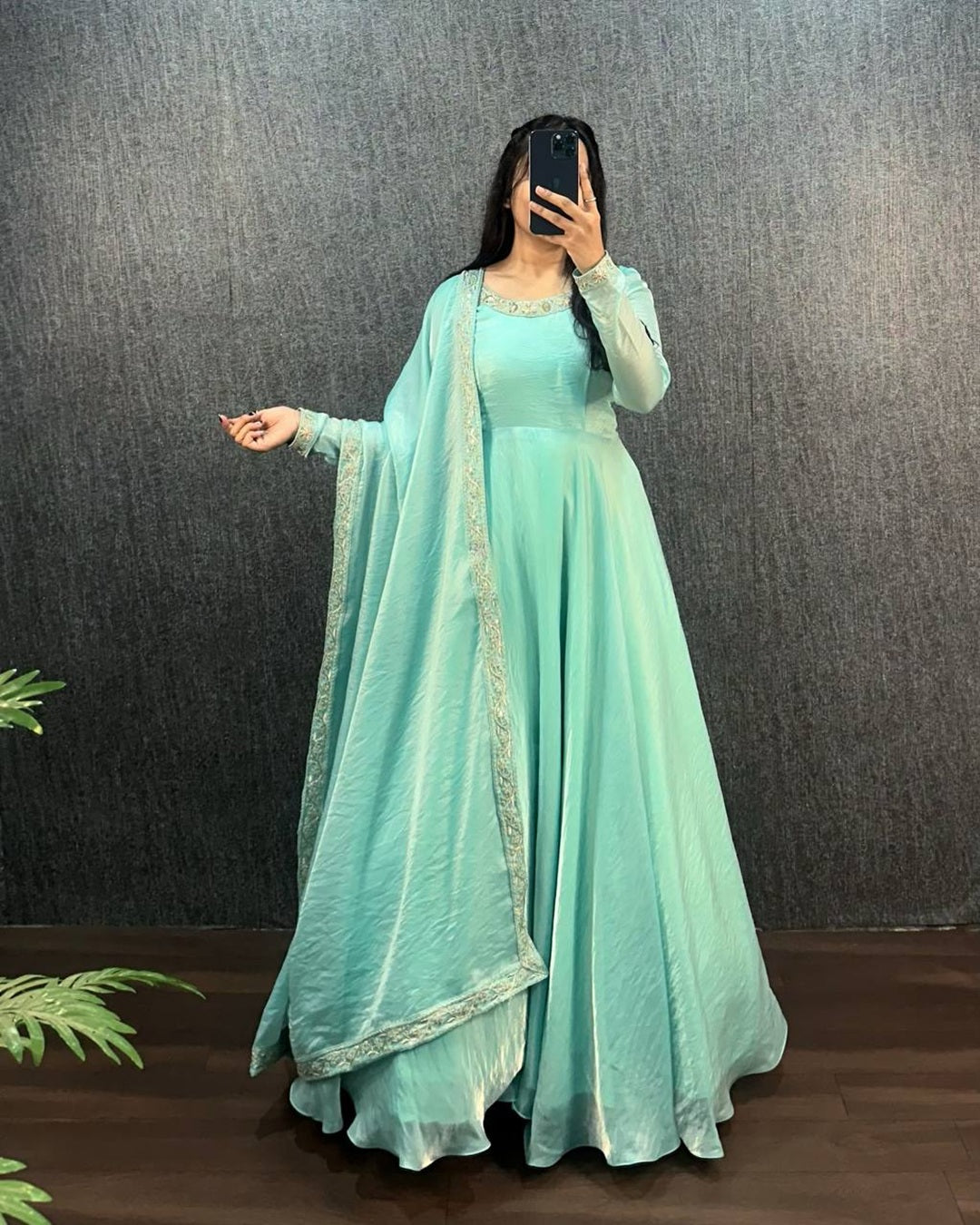 Pastel Blue Fendy Silk Work Neck Smooth Shining Gown