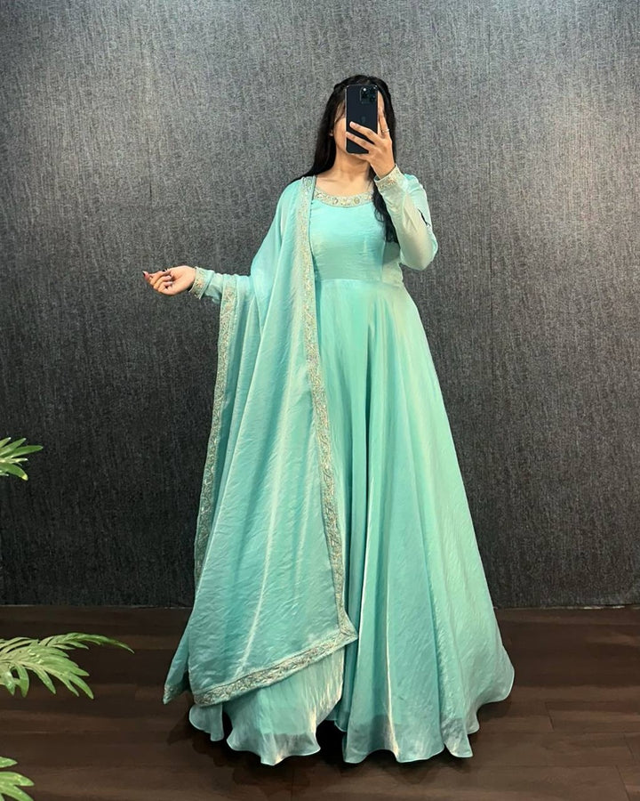 Pastel Blue Fendy Silk Work Neck Smooth Shining Gown
