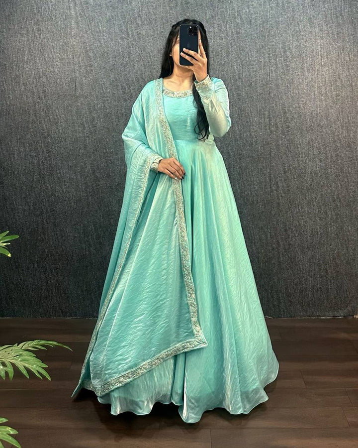 Pastel Blue Fendy Silk Work Neck Smooth Shining Gown
