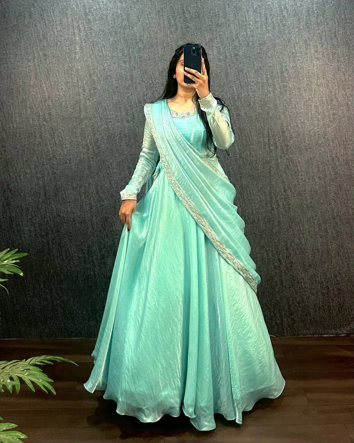 Pastel Blue Fendy Silk Work Neck Smooth Shining Gown
