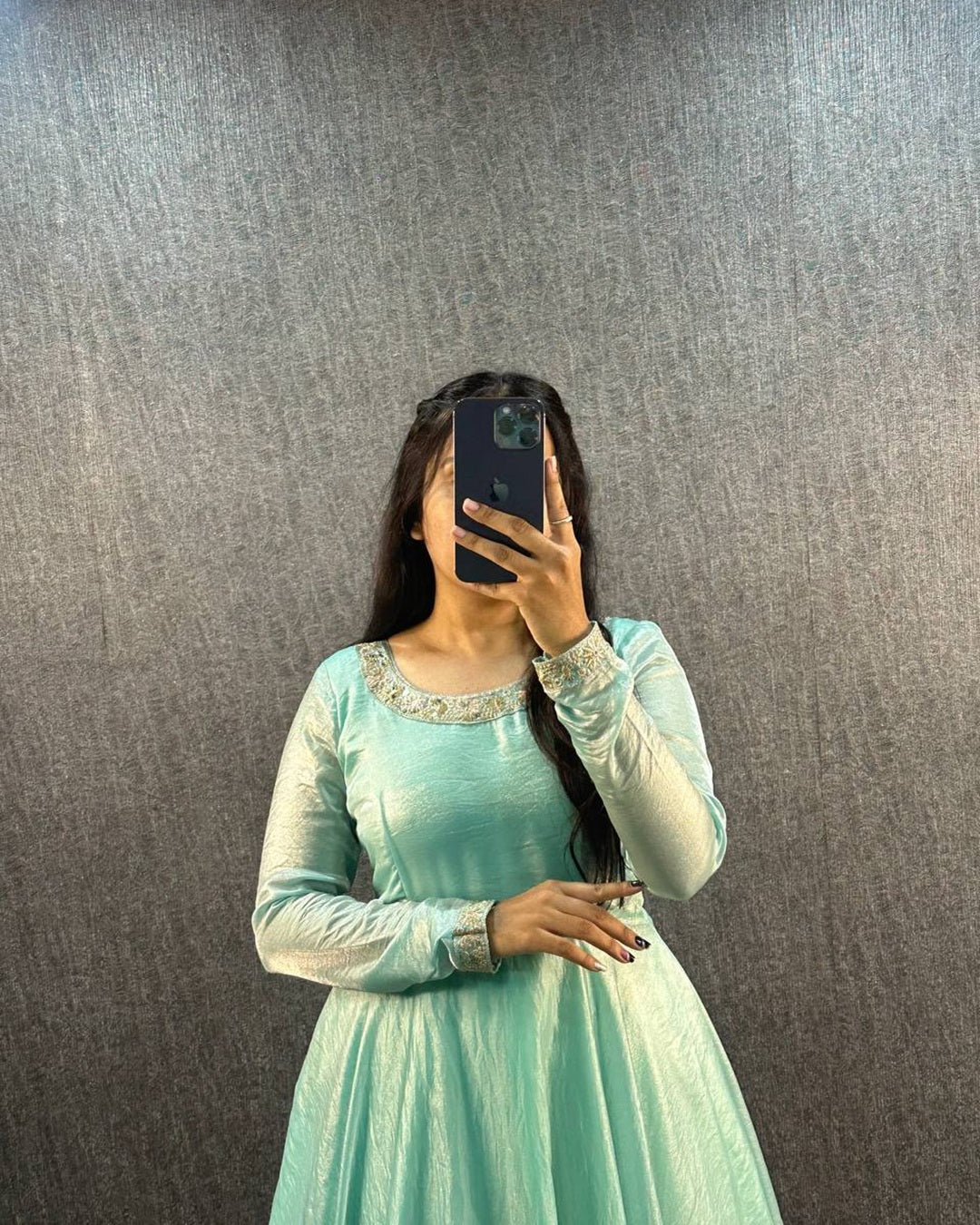 Pastel Blue Fendy Silk Work Neck Smooth Shining Gown