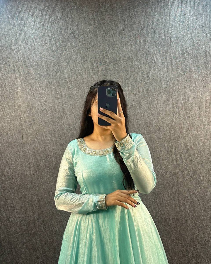 Pastel Blue Fendy Silk Work Neck Smooth Shining Gown