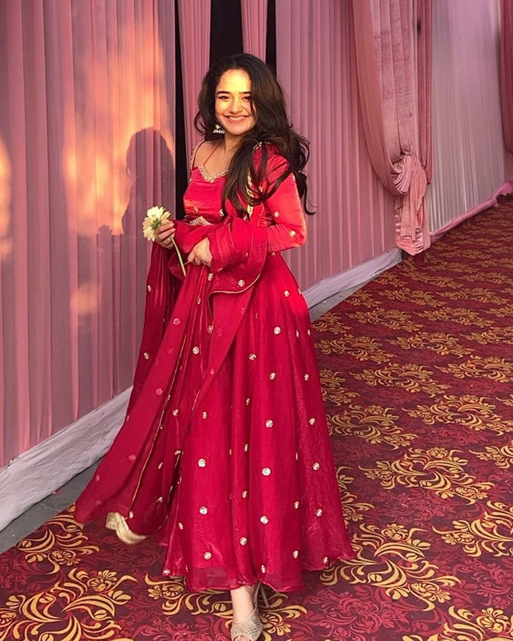 Premium Blush Red Fendy Silk Anarkali