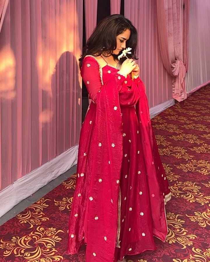 Premium Blush Red Fendy Silk Anarkali