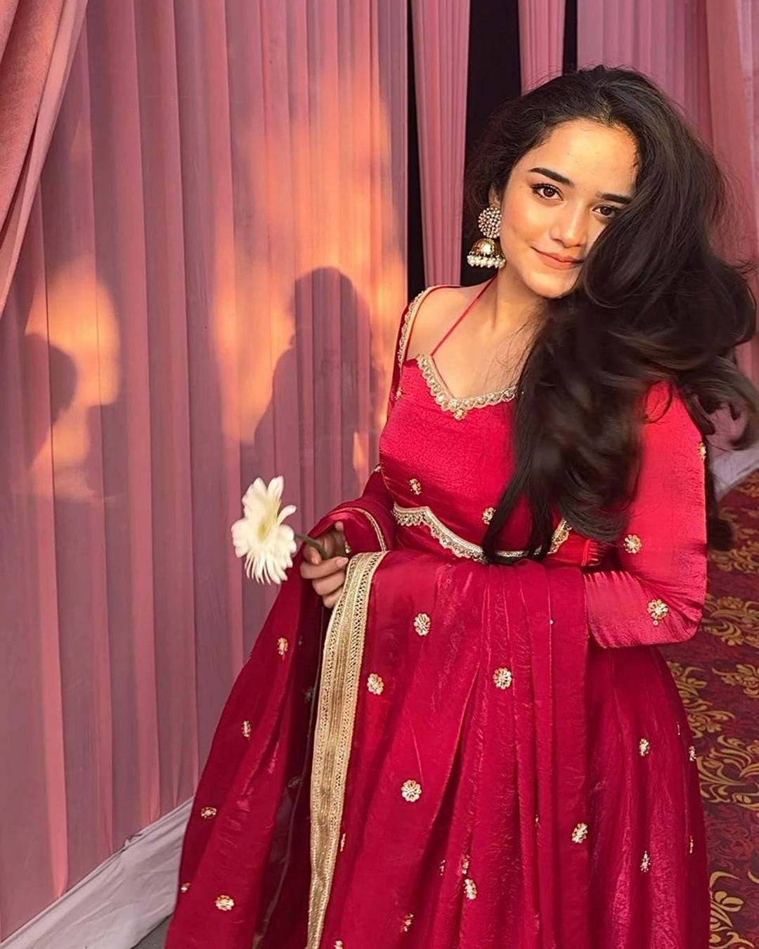 Premium Blush Red Fendy Silk Anarkali