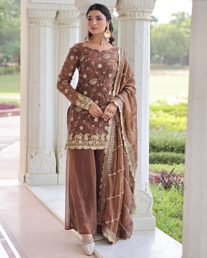 Bronze Fendy Silk Designer Sharara Set