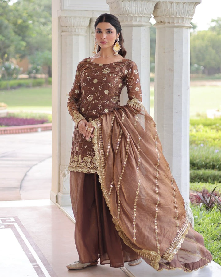 Bronze Fendy Silk Designer Sharara Set