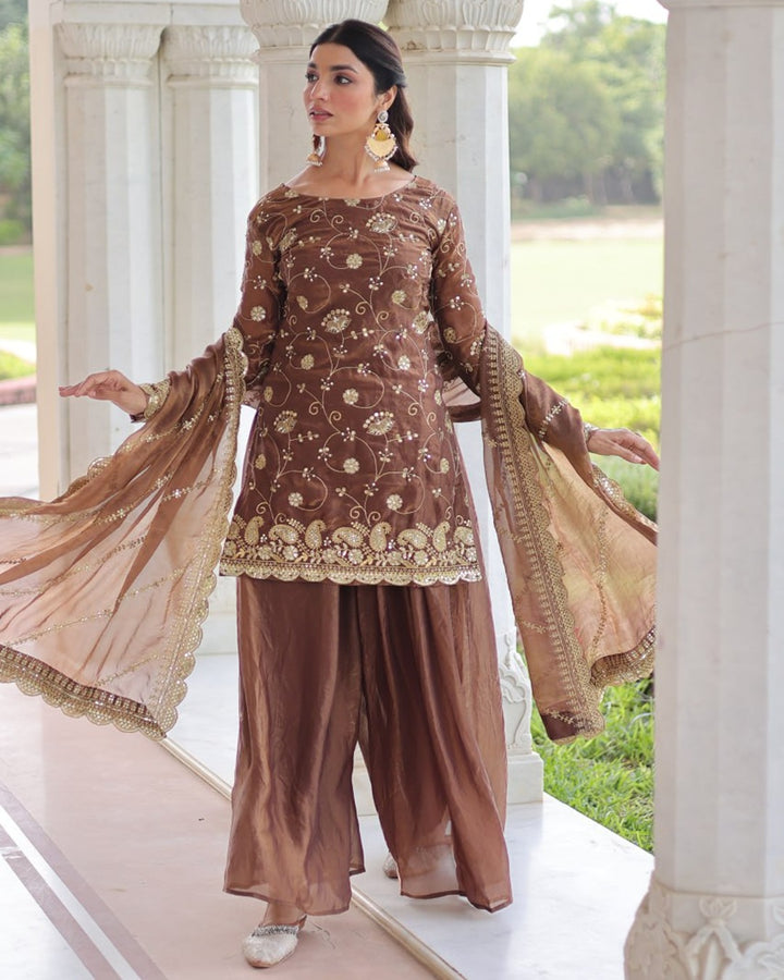 Bronze Fendy Silk Designer Sharara Set