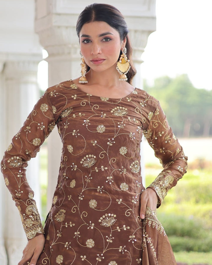Bronze Fendy Silk Designer Sharara Set