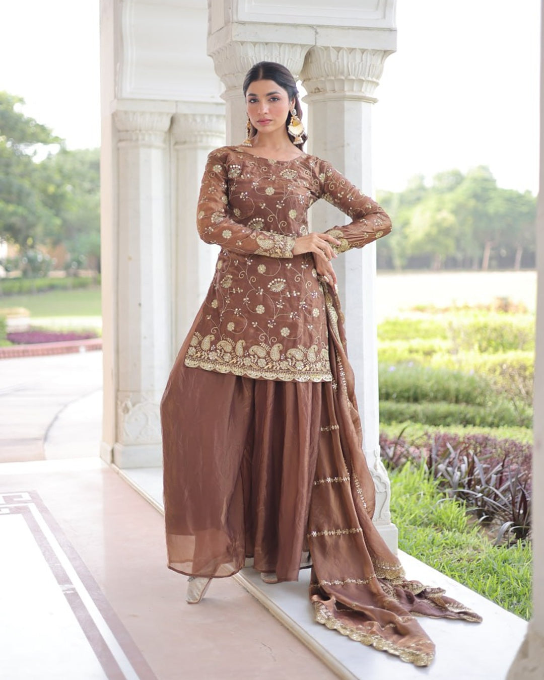 Bronze Fendy Silk Designer Sharara Set