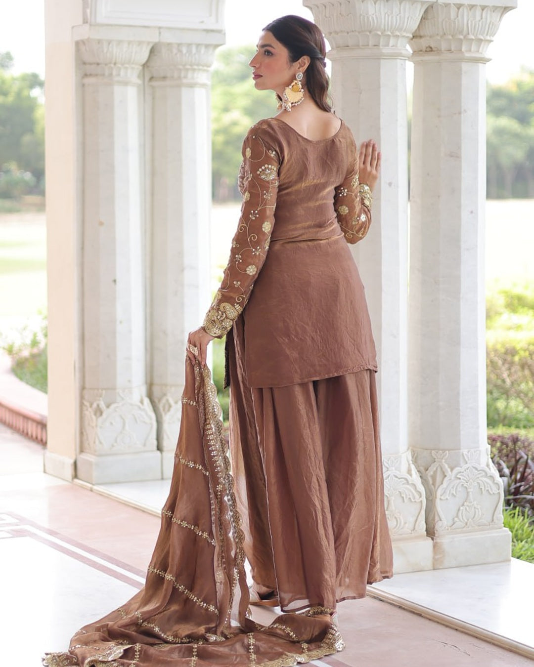 Bronze Fendy Silk Designer Sharara Set