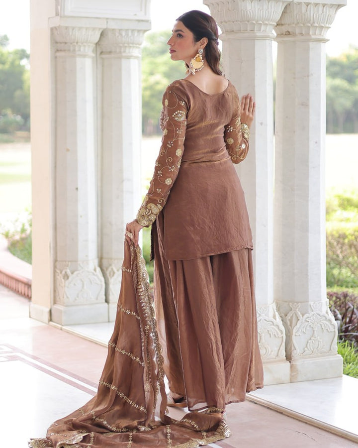 Bronze Fendy Silk Designer Sharara Set