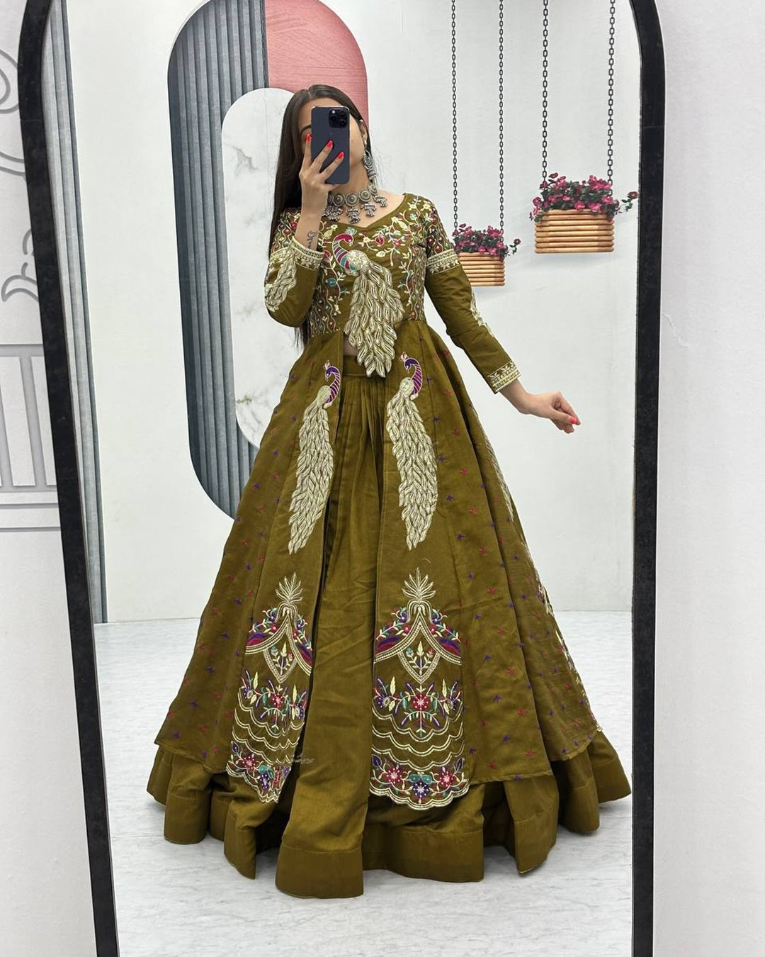 Mustard Green Premium Shrug Lehenga Ensemble