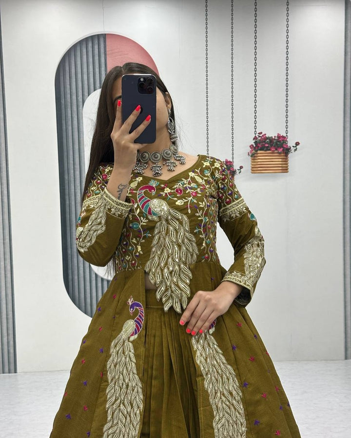 Mustard Green Premium Shrug Lehenga Ensemble