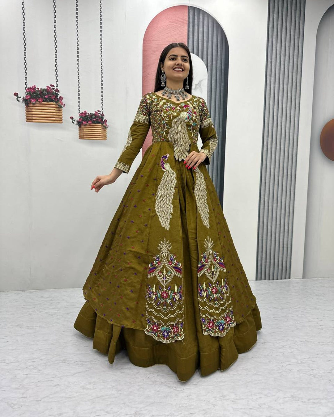 Mustard Green Premium Shrug Lehenga Ensemble Koraah Mustard Green Premium Shrug Lehenga Ensemble Koraah