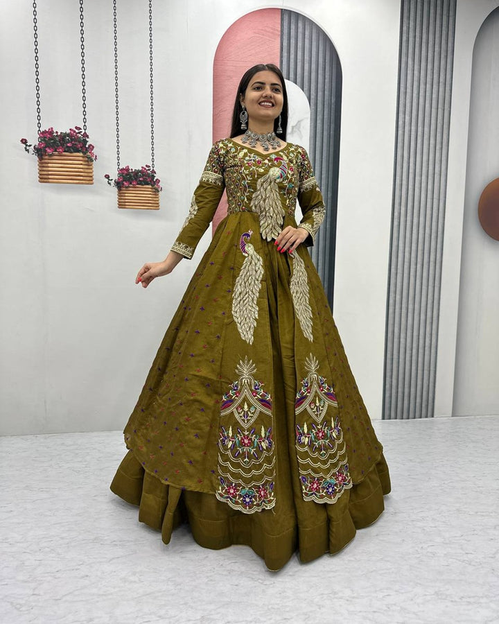 Mustard Green Premium Shrug Lehenga Ensemble