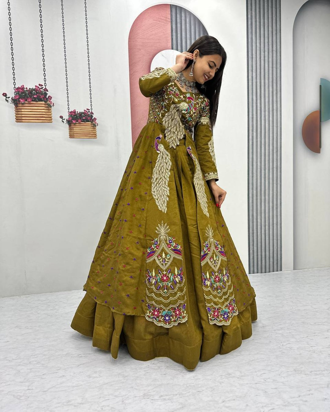 Mustard Green Premium Shrug Lehenga Ensemble