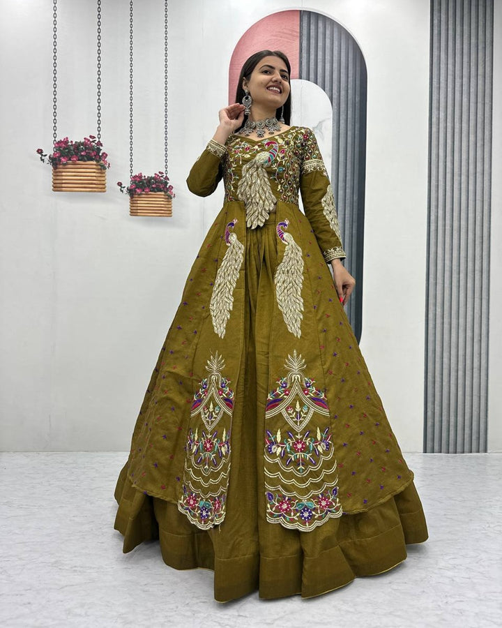 Mustard Green Premium Shrug Lehenga Ensemble