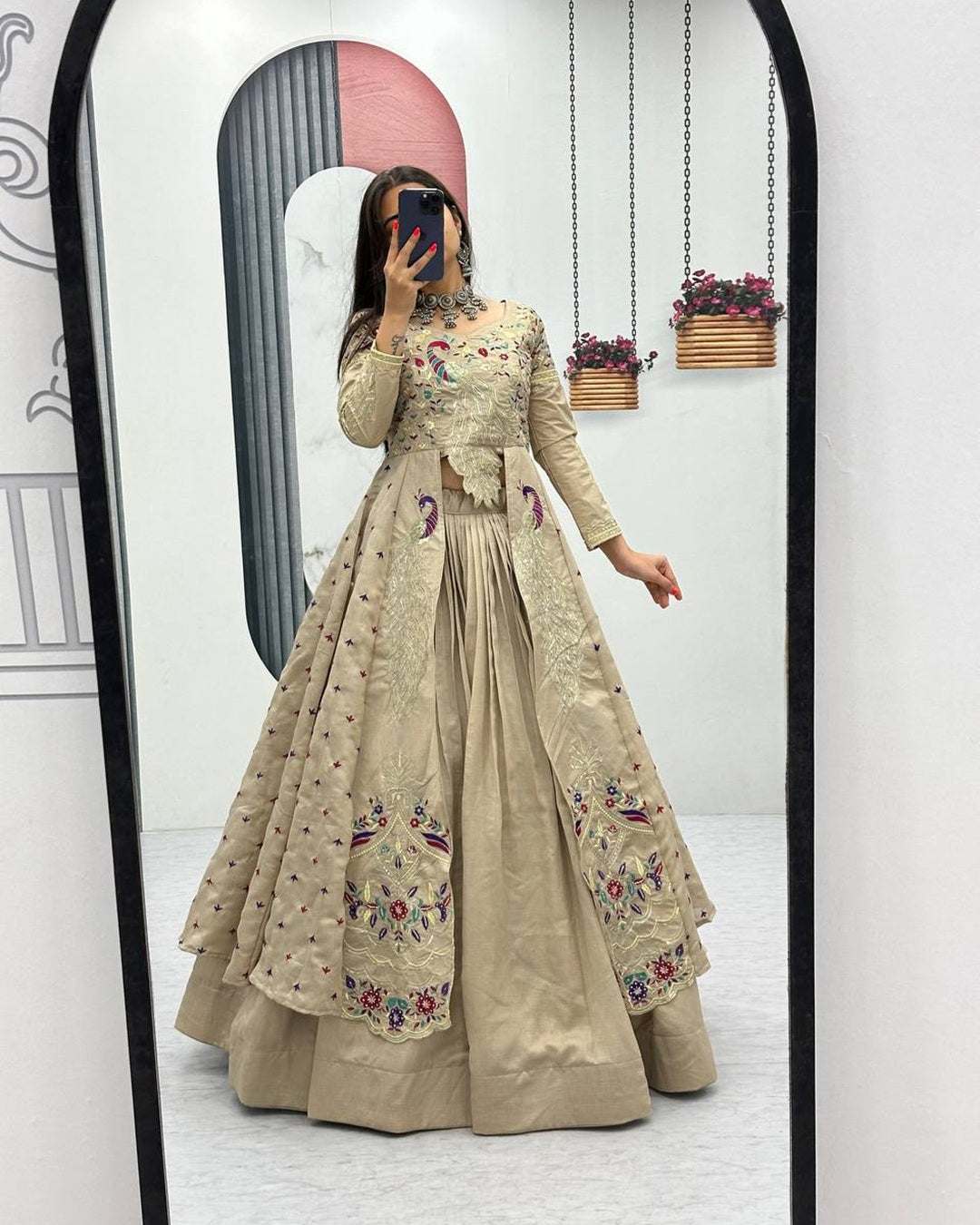 Cream Festive Crop Top & Shrug Lehenga Set