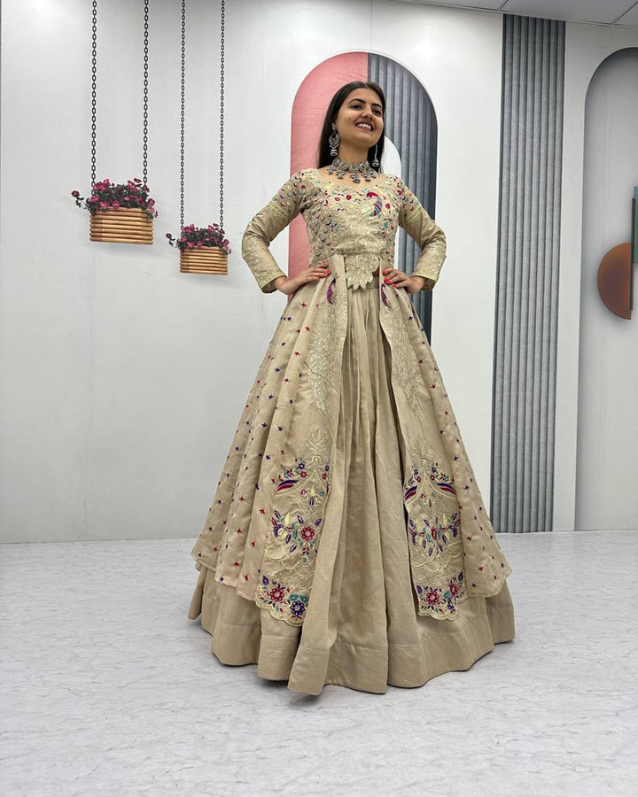 Cream Festive Crop Top & Shrug Lehenga Set