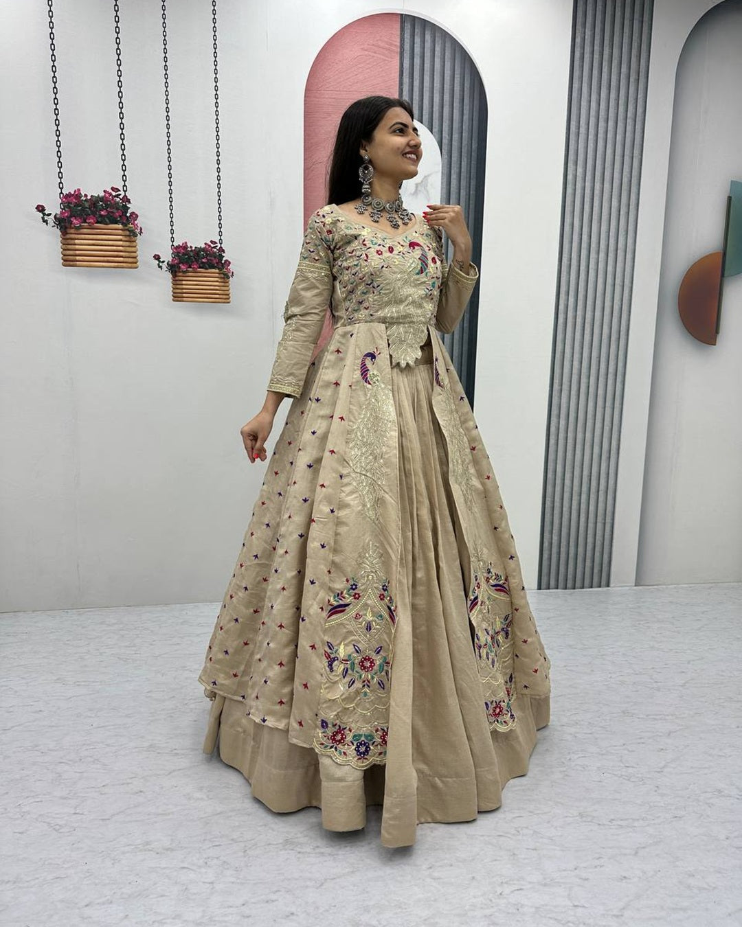 Cream Festive Crop Top & Shrug Lehenga Set