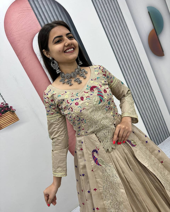 Cream Festive Crop Top & Shrug Lehenga Set