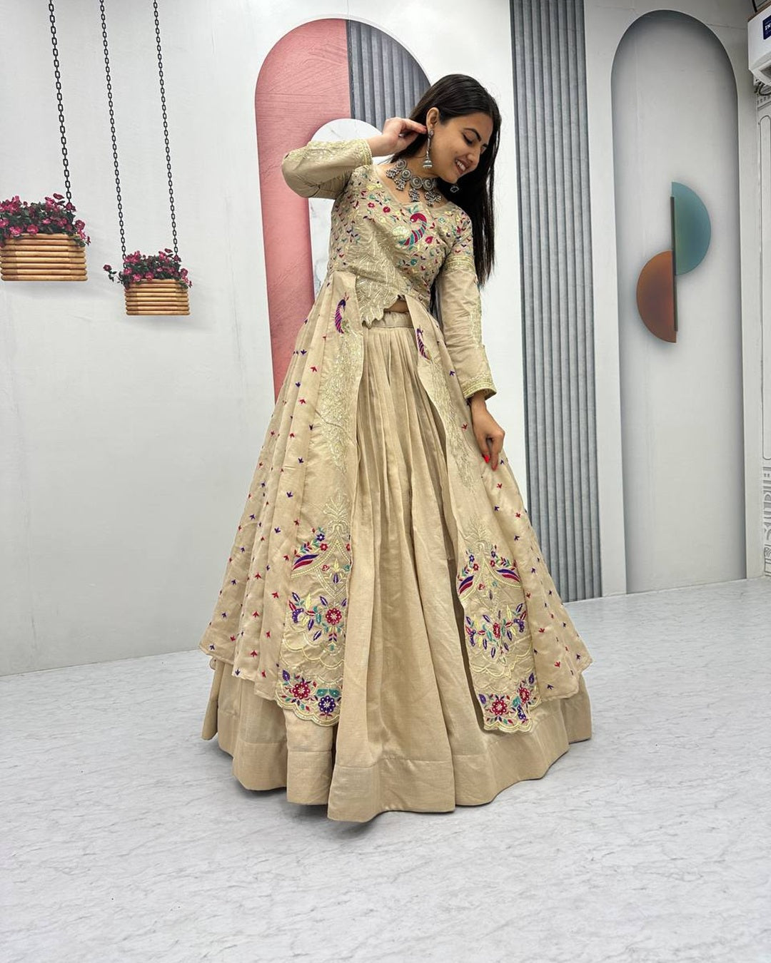 Cream Festive Crop Top & Shrug Lehenga Set