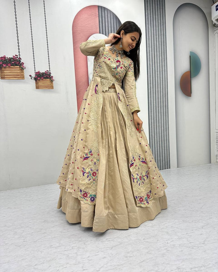 Cream Festive Crop Top & Shrug Lehenga Set