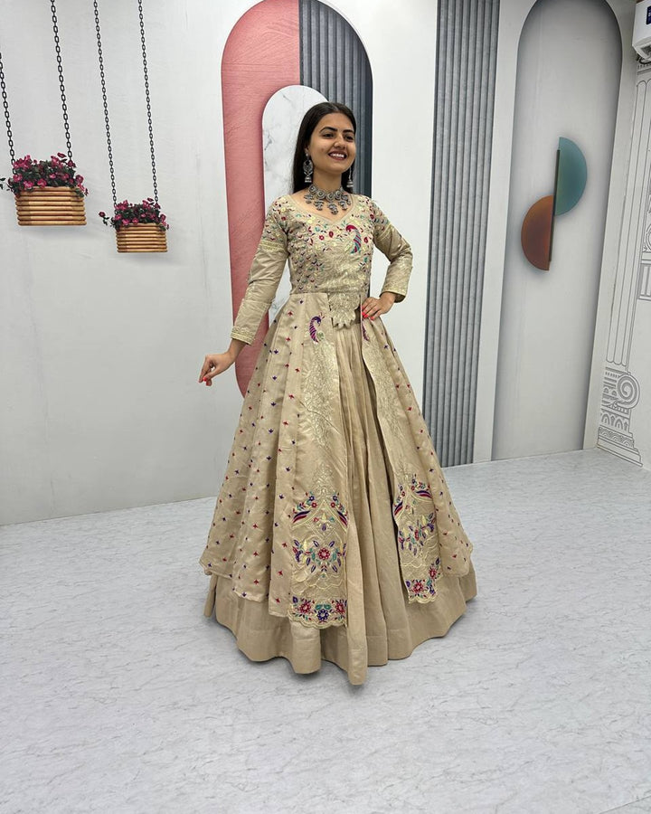 Cream Festive Crop Top & Shrug Lehenga Set