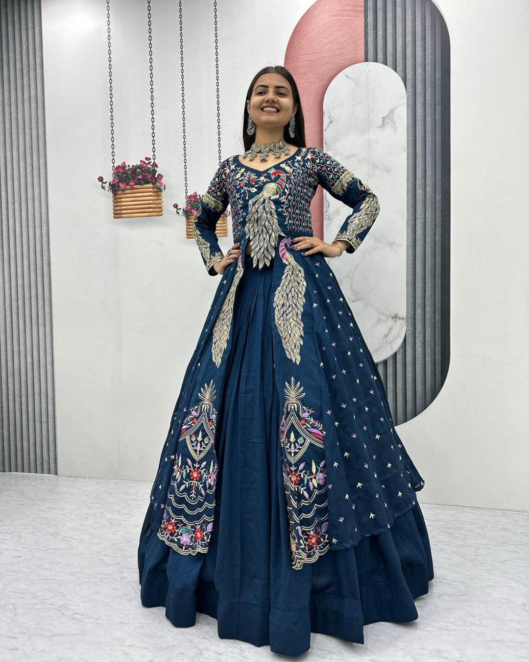 Indigo Festive Crop Top & Shrug Lehenga Set