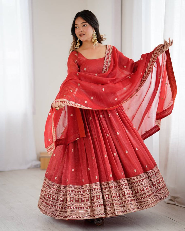 Rust Color Crunchy Silk Embroidered Gown – Royal Designer Edition