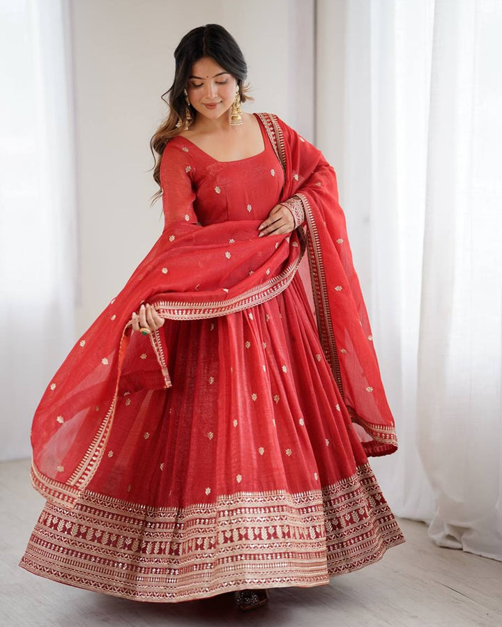 Rust Color Crunchy Silk Embroidered Gown – Royal Designer Edition