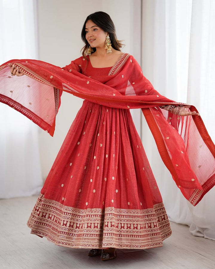 Rust Color Crunchy Silk Embroidered Gown – Royal Designer Edition