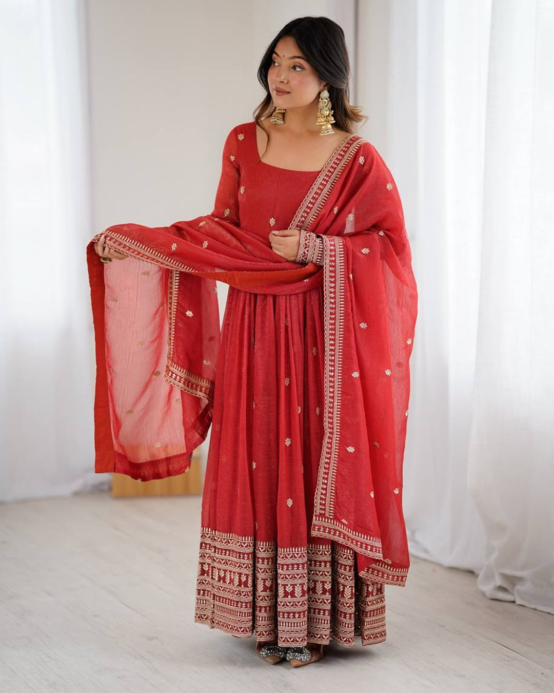 Rust Color Crunchy Silk Embroidered Gown – Royal Designer Edition