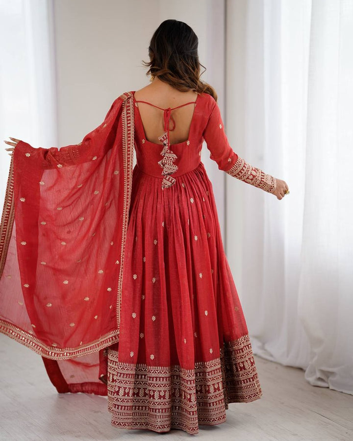 Rust Color Crunchy Silk Embroidered Gown – Royal Designer Edition