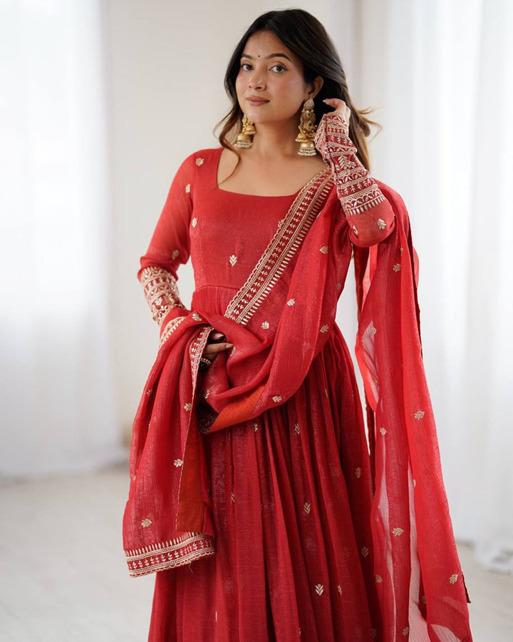 Rust Color Crunchy Silk Embroidered Gown – Royal Designer Edition