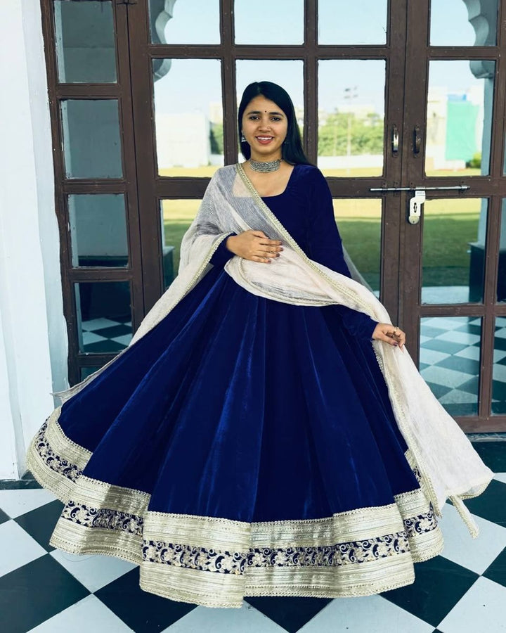 Blue Premium Velvet Anarkali Suit Set – 3 Piece Festive & Wedding Wear
