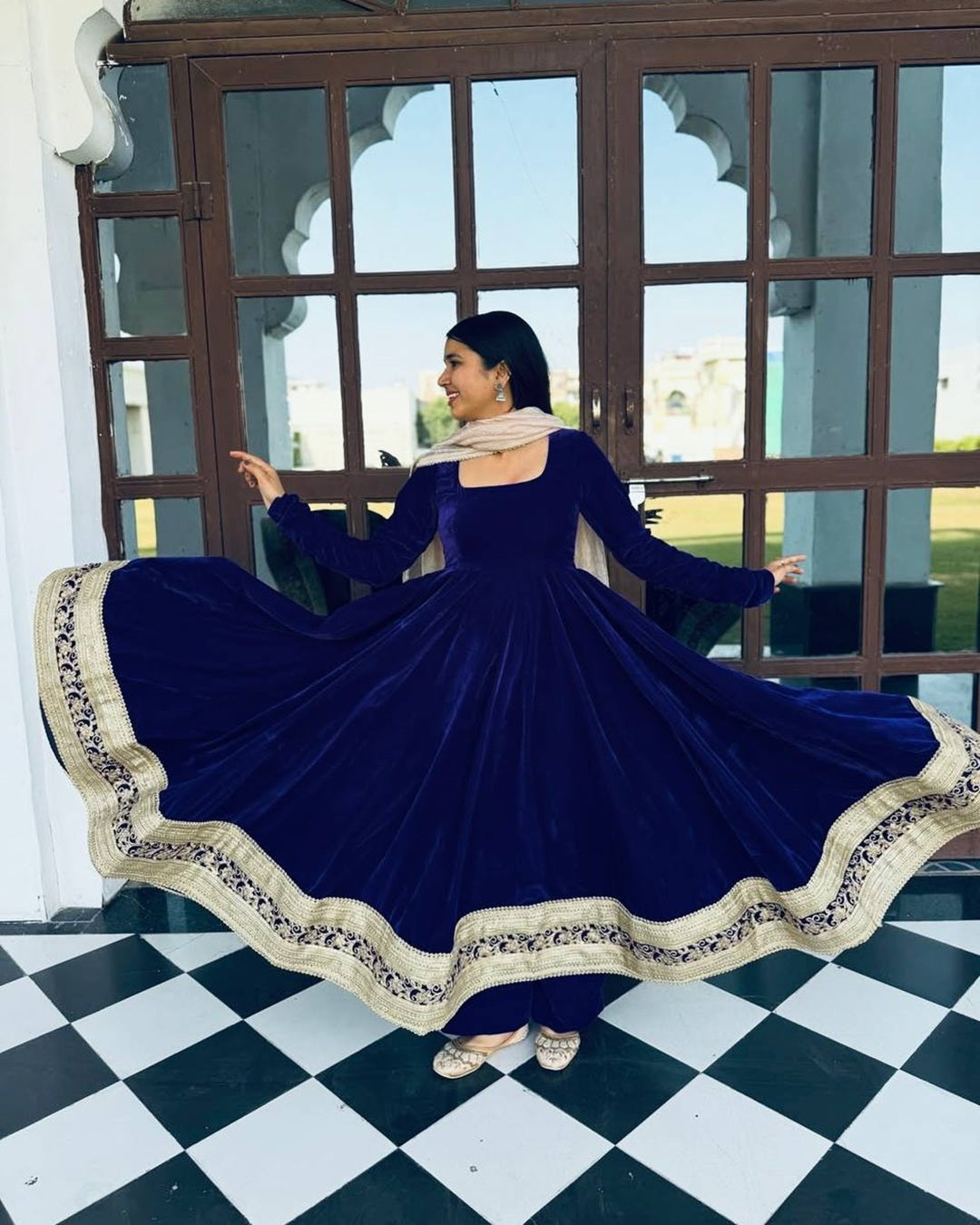 Blue Premium Velvet Anarkali Suit Set – 3 Piece Festive & Wedding Wear