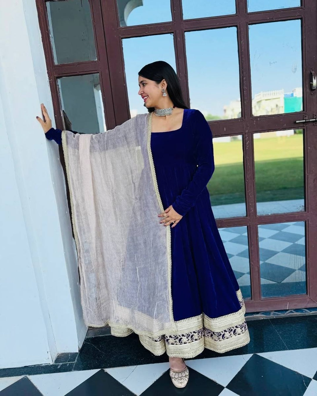 Blue Premium Velvet Anarkali Suit Set – 3 Piece Festive & Wedding Wear