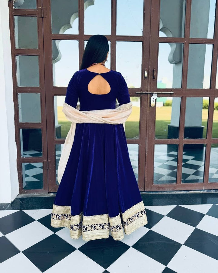 Blue Premium Velvet Anarkali Suit Set – 3 Piece Festive & Wedding Wear