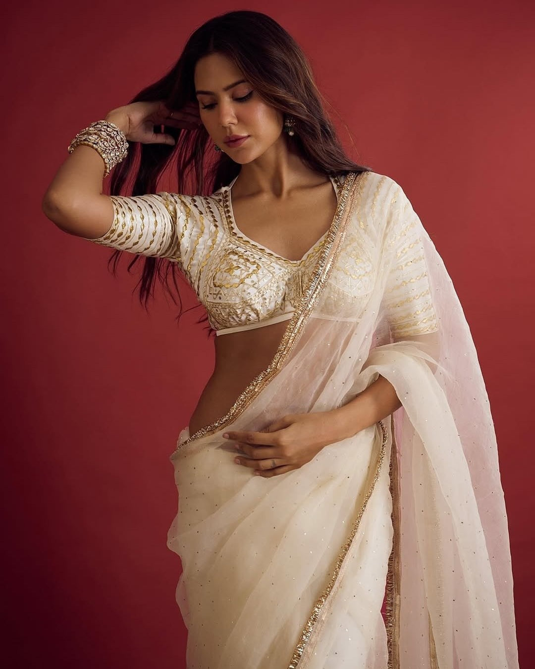 Sonam Bajwa Inspired Saree with Original Hand Charkhi Gotta Patti & Sequin Work | Fully Stitched Blouse