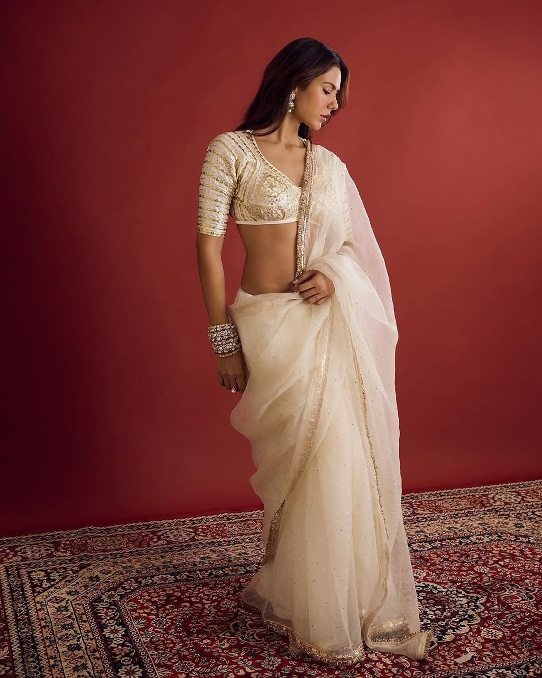 Sonam Bajwa Inspired Saree with Original Hand Charkhi Gotta Patti & Sequin Work | Fully Stitched Blouse